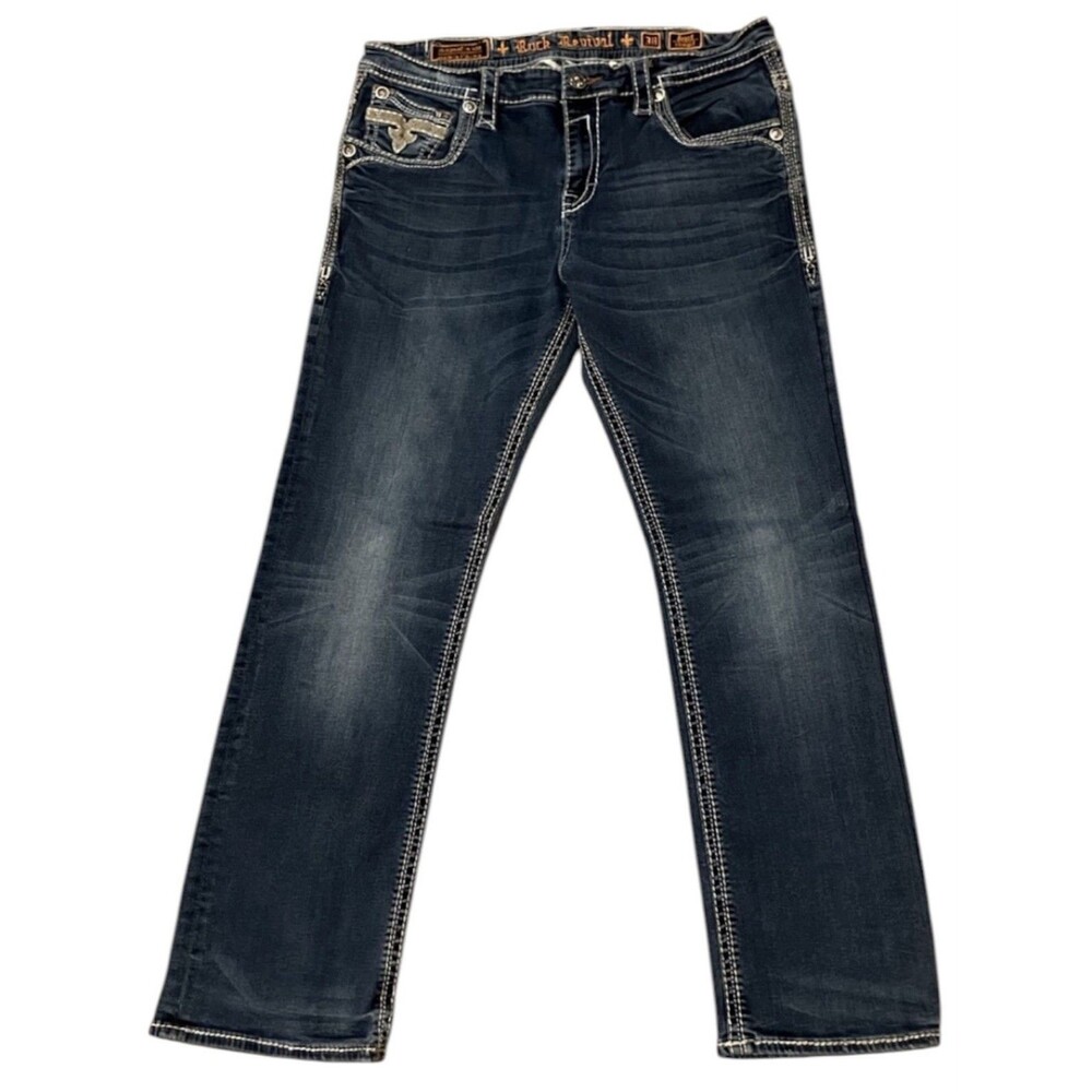 Rock Revival Josef Relaxed Straight Jeans 38 Faux Flap Thick Stitch Boot Y2K